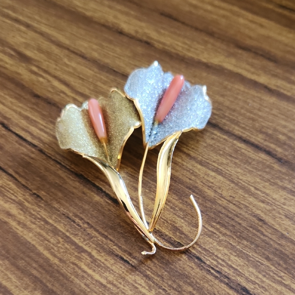 Elegant Gold and Silver Floral Coral Brooch